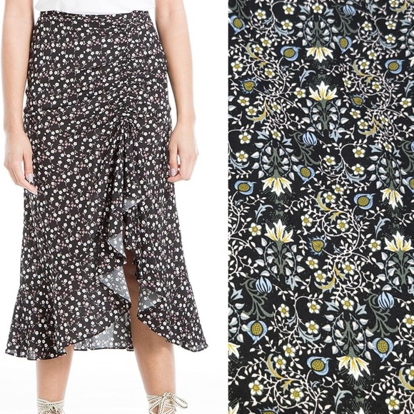 Max Studio Floral MIDI Skirt Ruched Side Ruffle Hem - Picture 1 of 9